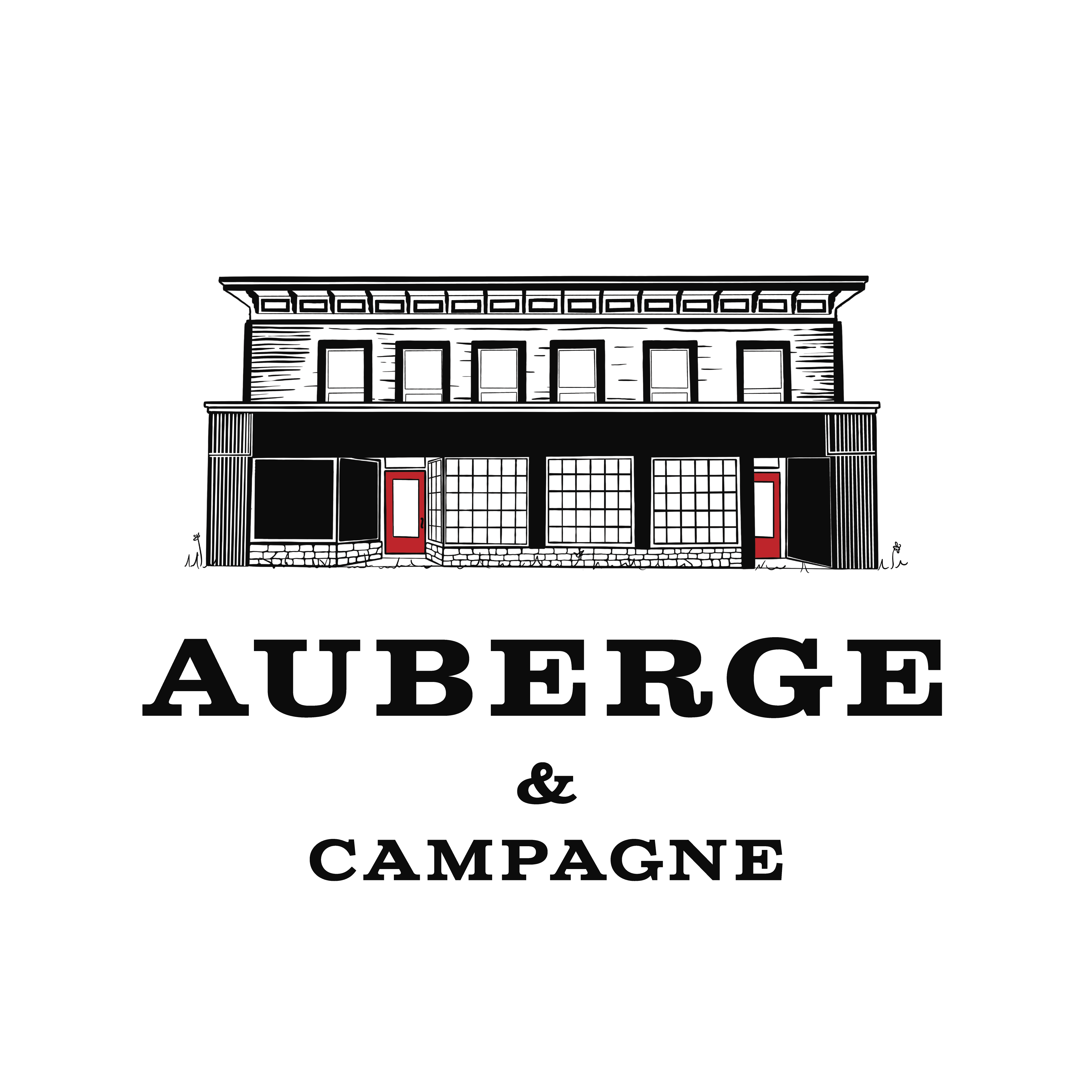 Logo d'une auberge avec façade symétrique et texte "Auberge & Campagne".